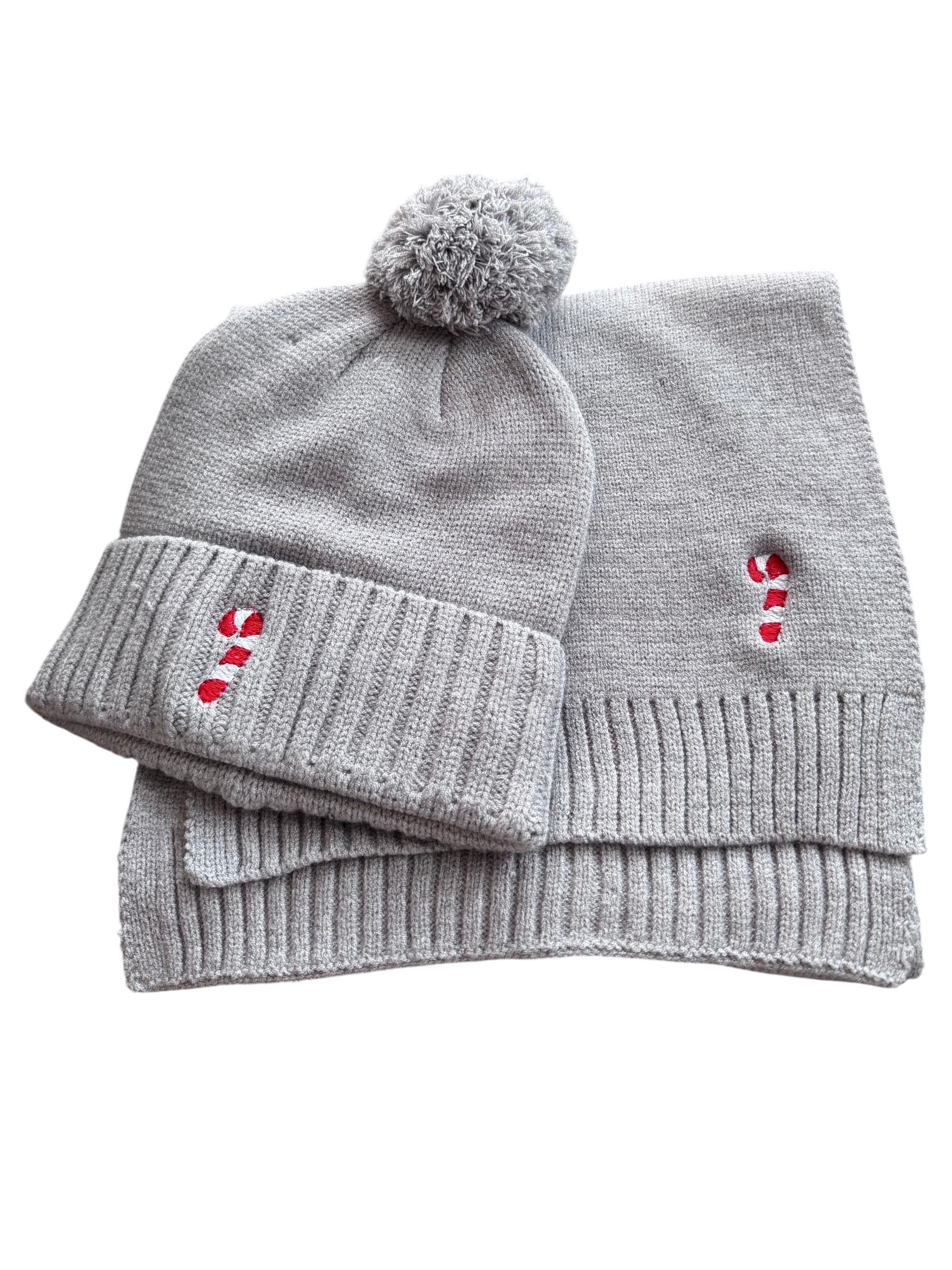 Schal/Mütze Grau mit Zuckerstange