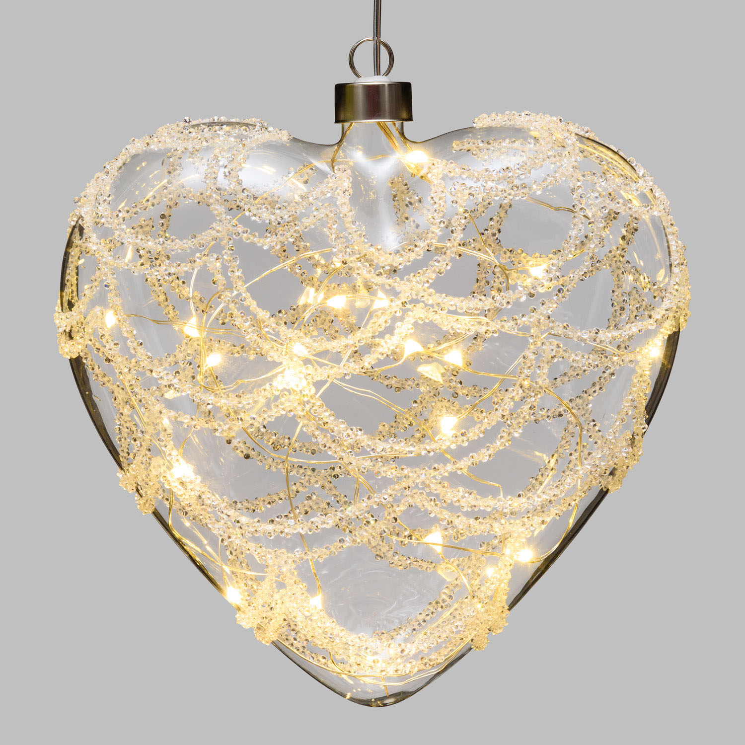 LED Glasherz Kugel mit Strass Steinen Silber  18 Cm - Timer + Fernbedienung
