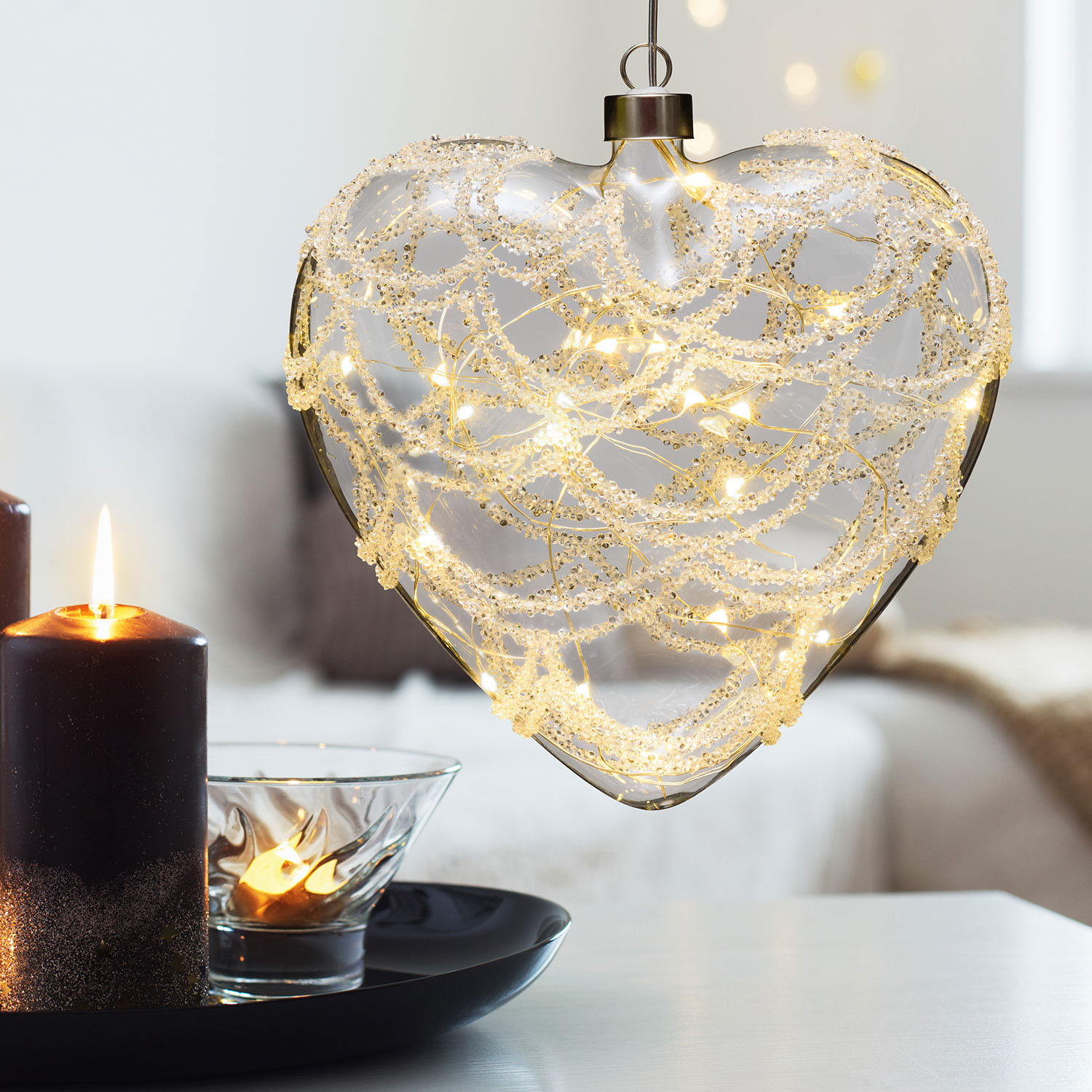 LED Glasherz Kugel mit Strass Steinen Silber  18 Cm - Timer + Fernbedienung