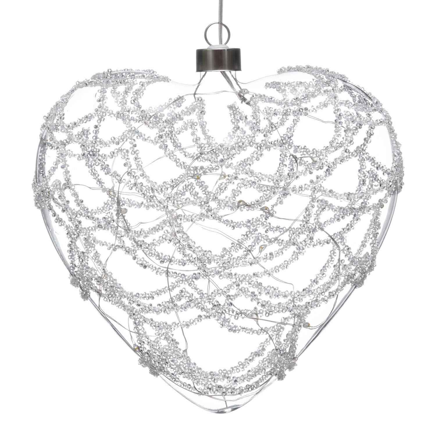 LED Glasherz Kugel mit Strass Steinen Silber  18 Cm - Timer + Fernbedienung